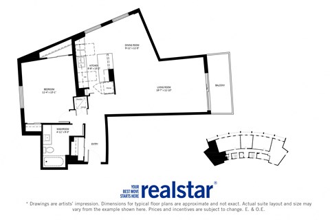 Harbourview Apartments 1-bedroom, 1-bath layout variation D in Oakville, ON
